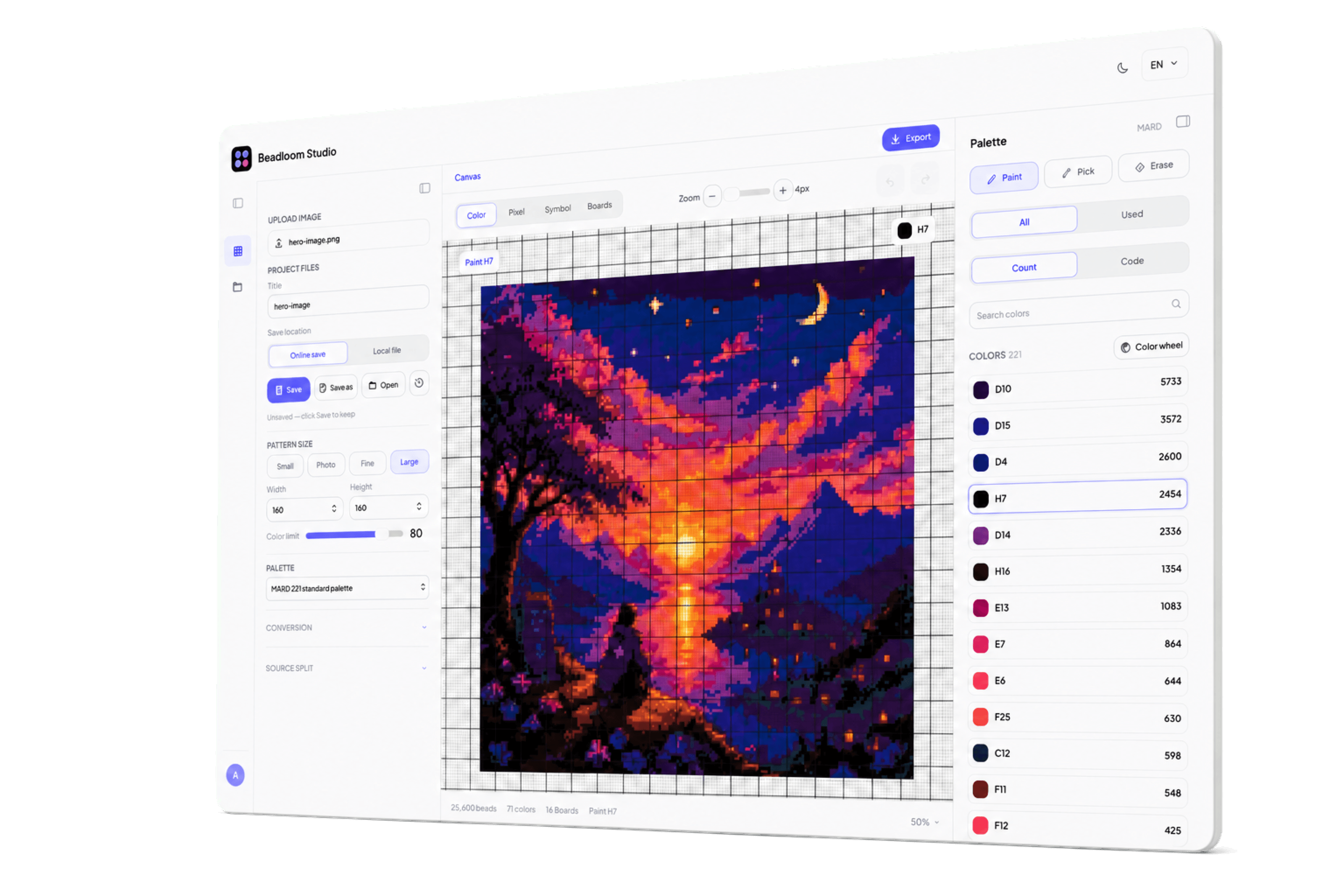 Beadloom Studio workbench editing a colorful sunset bead pattern