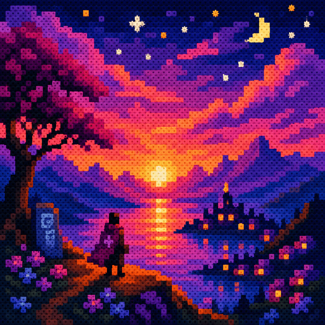 Colorful sunset rendered as a fuse bead pattern with individual beads visible